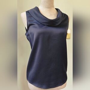 H Halston navy sleeveless silky top fold-over collar sz XS